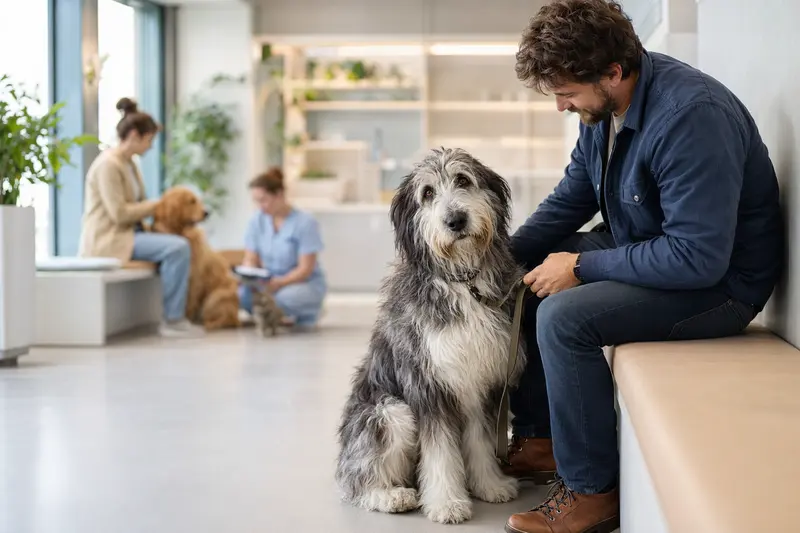 Ein Altenglischer Schäferhund sitzt entspannt neben seinem Besitzer im modernen Wartezimmer einer Tierarztpraxis.